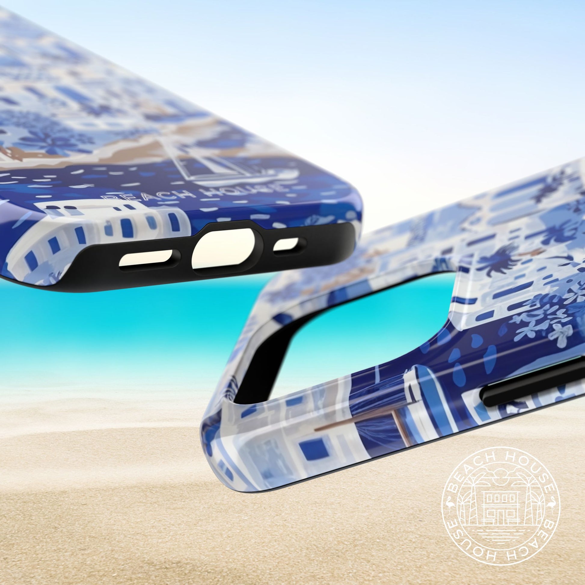 Top and bottom views of the Santorini Tough Case for iPhone on a beach background