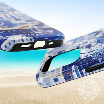 Top and bottom views of the Santorini Tough Case for iPhone on a beach background