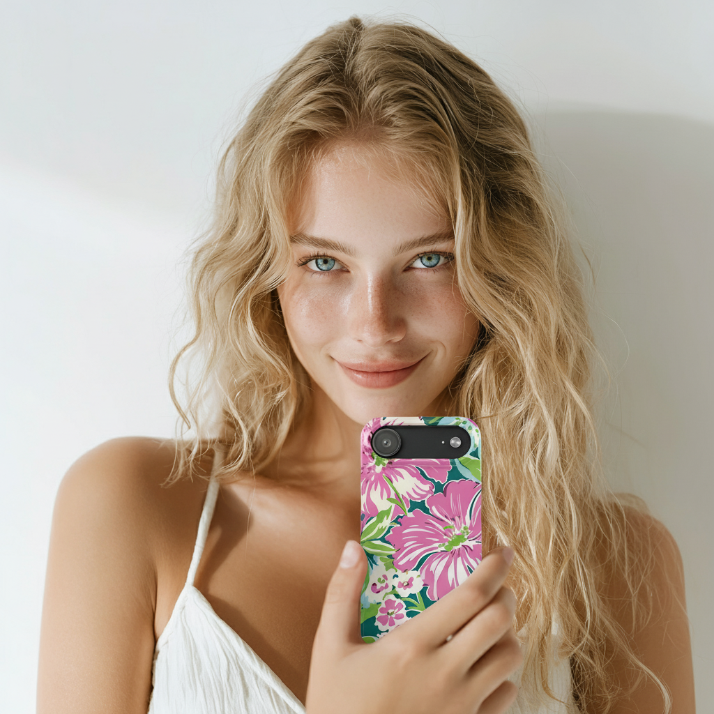 Woman holding a phone with a Seaside inspired loral case against a plain background