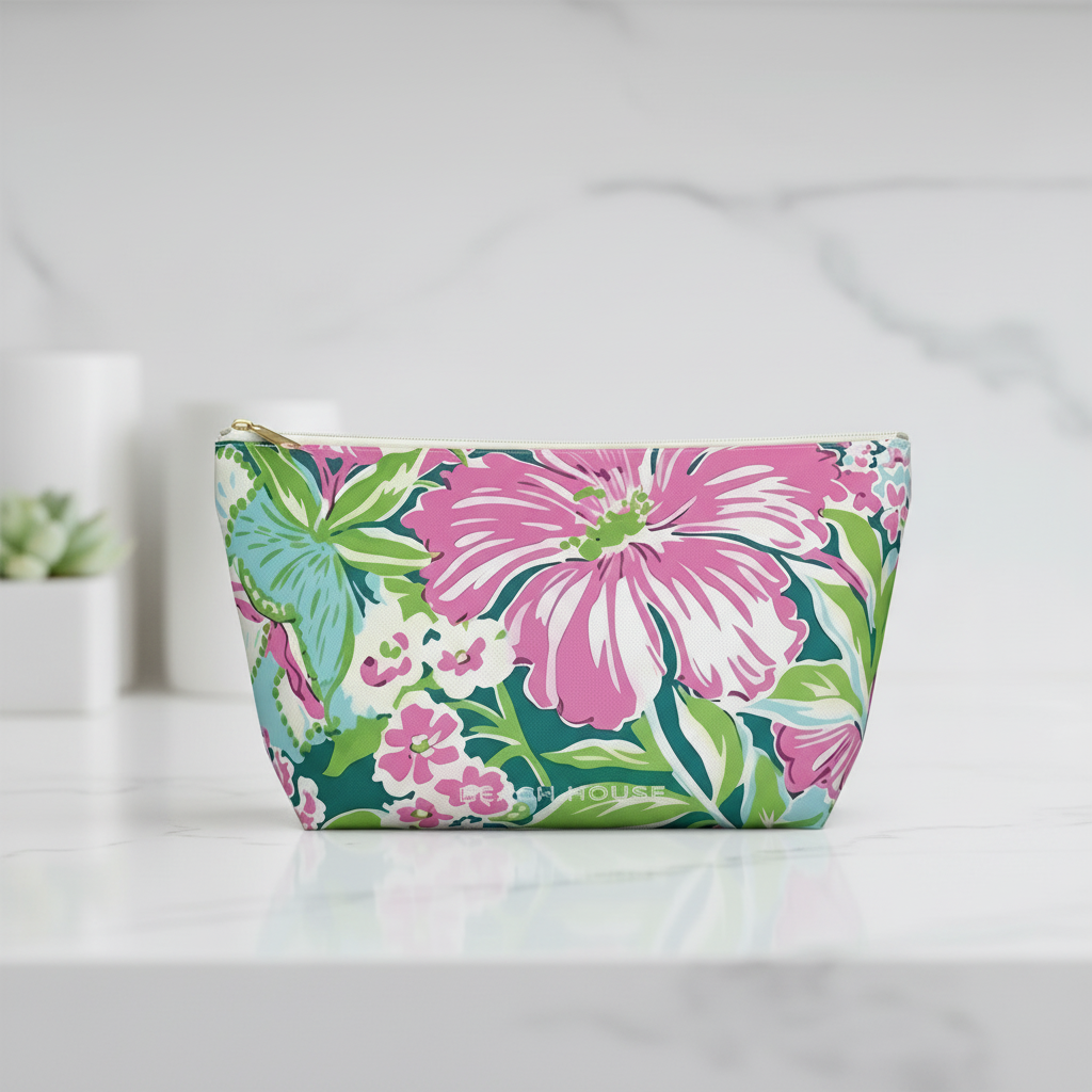 Floral patterned Seaside Accessory Pouch on a white surface with a light gray background