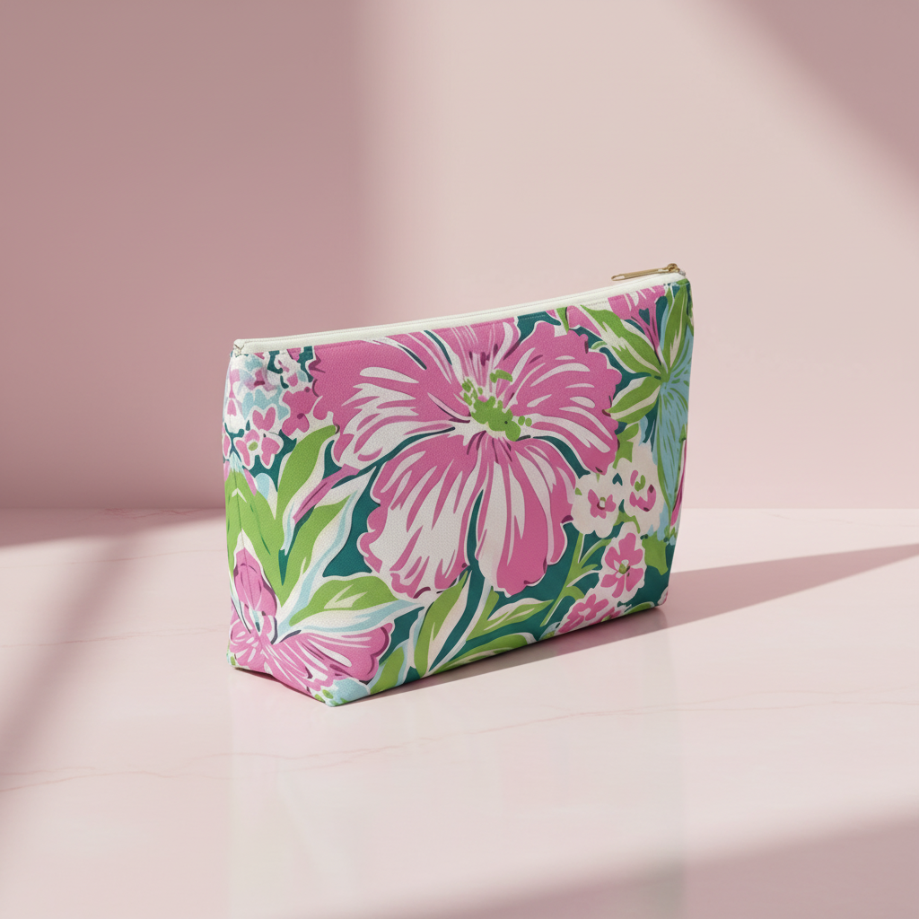 Floral patterned Seaside Accessory Pouch on a pink background