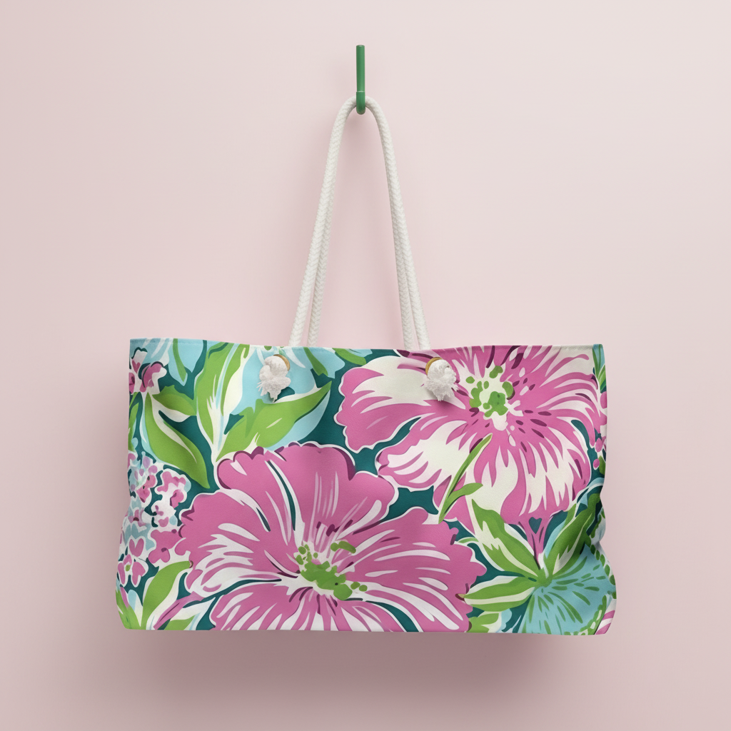 Floral patterned Seaside Weekender Tote Bag on a pink background