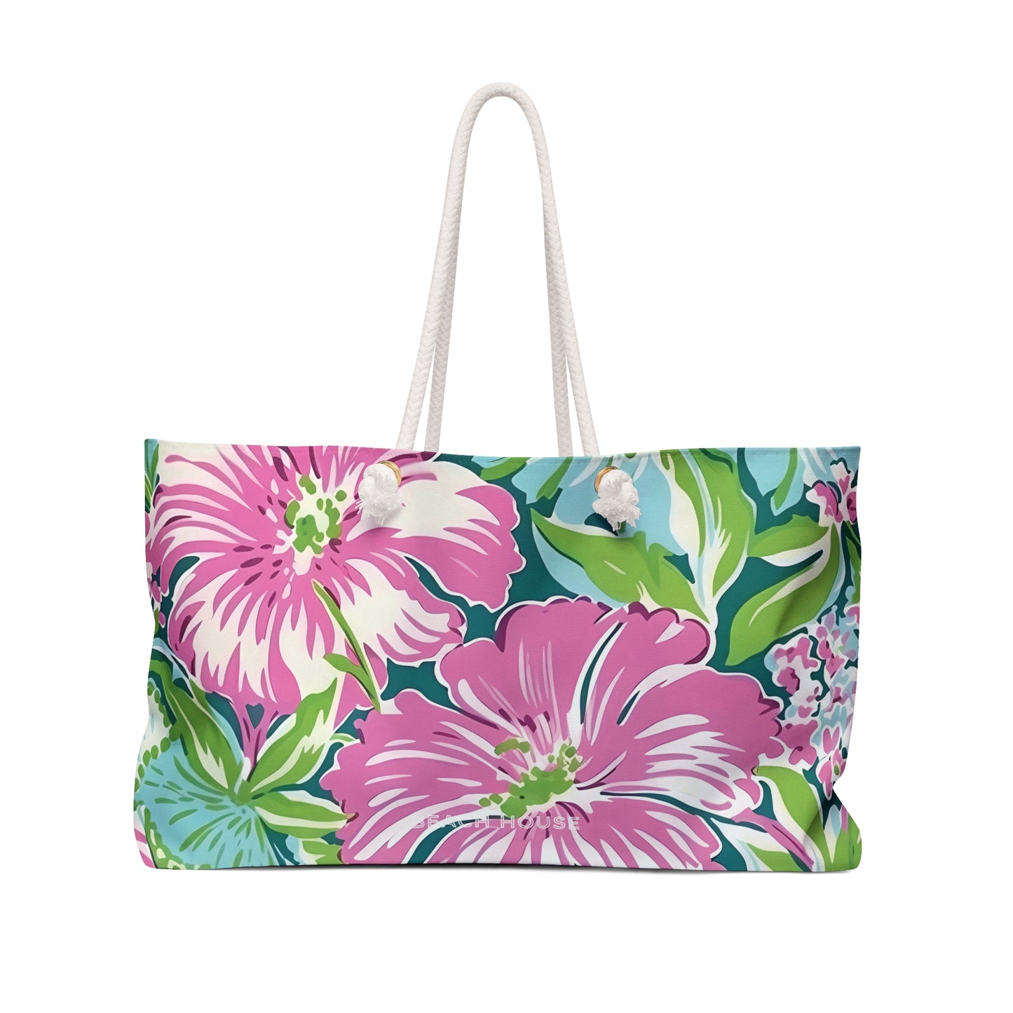 Front view of Seaside Weekender Tote Bag with pink flowers on a white background