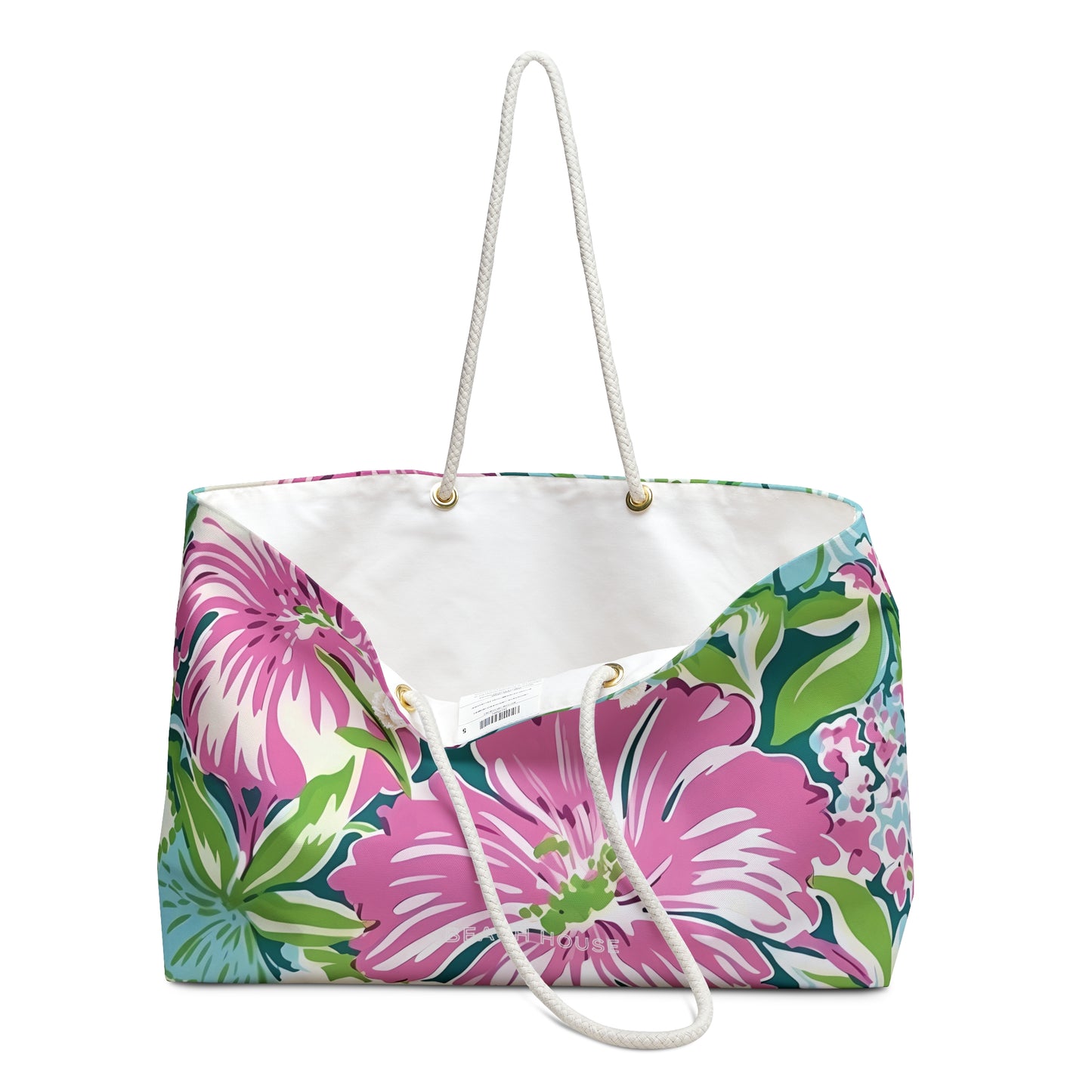 Floral patterned bag with a white drawstring on a white background