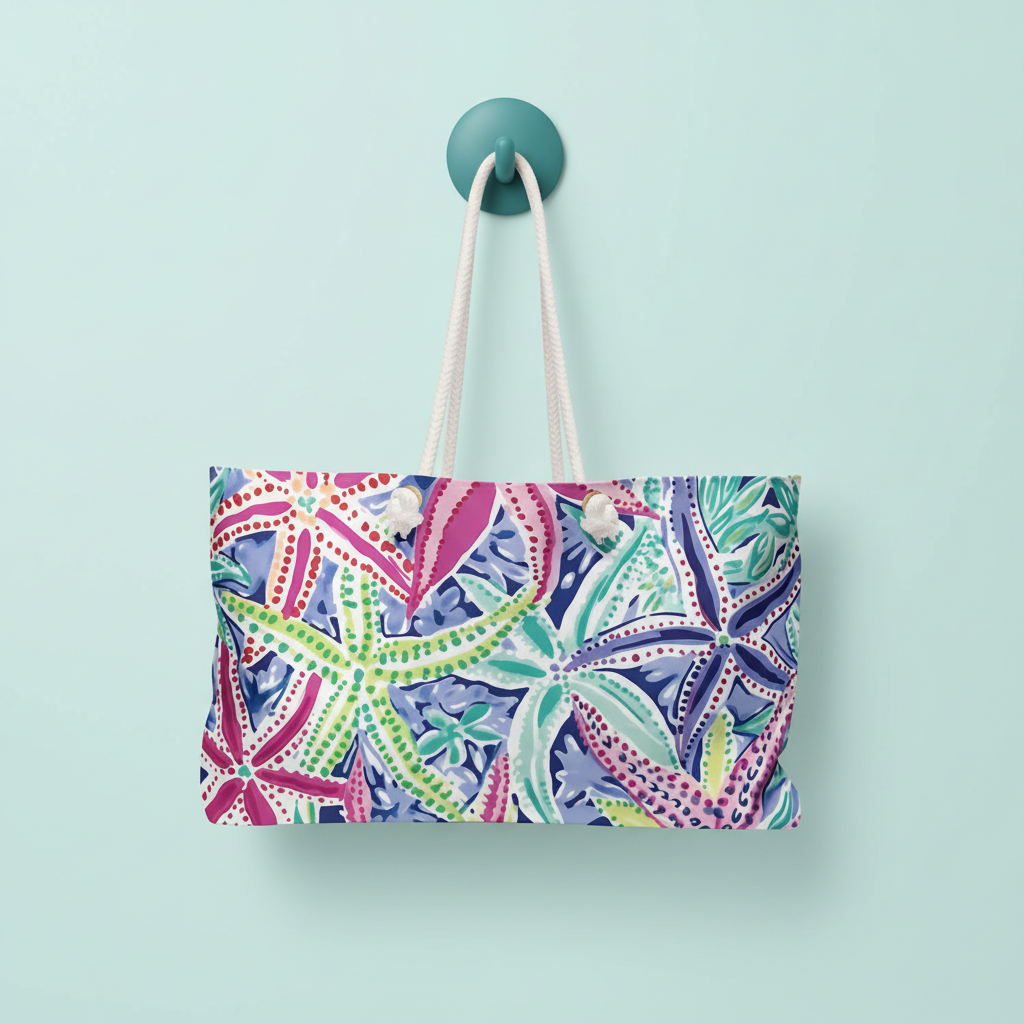 Colorful Siesta Key Weekender Tote Bag hanging on a teal hook against a light blue background
