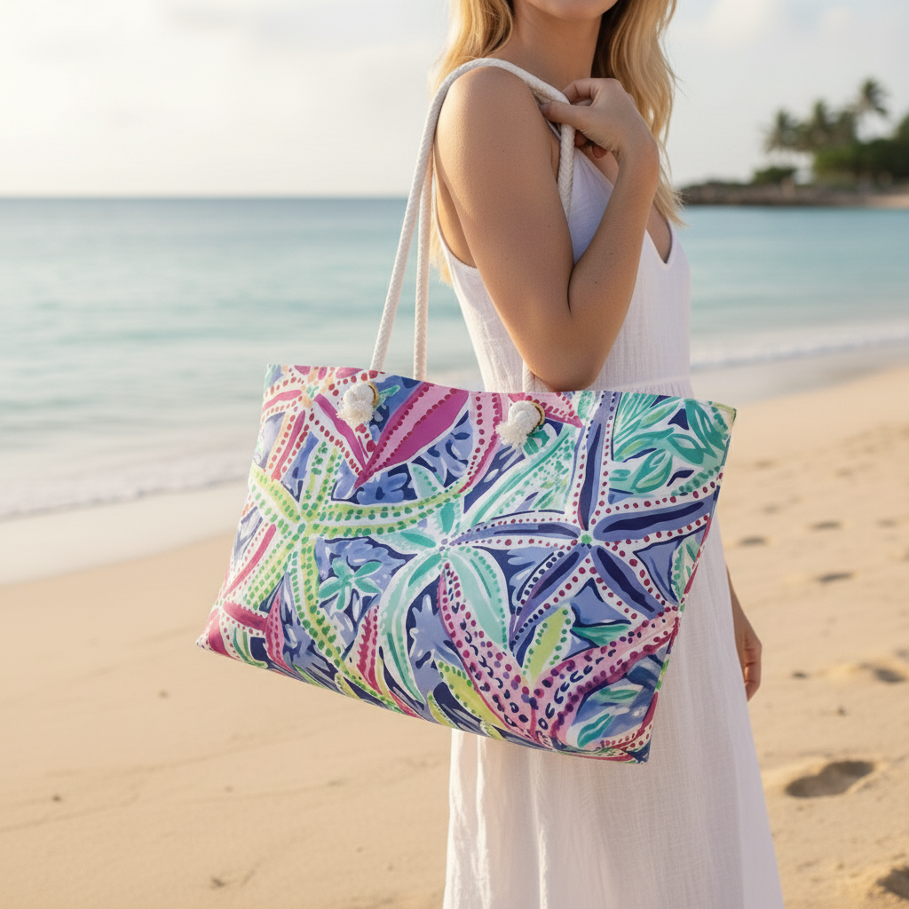 Siesta Key Weekender Tote Bag held on a woman's shoulder who is standing on the beach with the ocean and coast in the background.