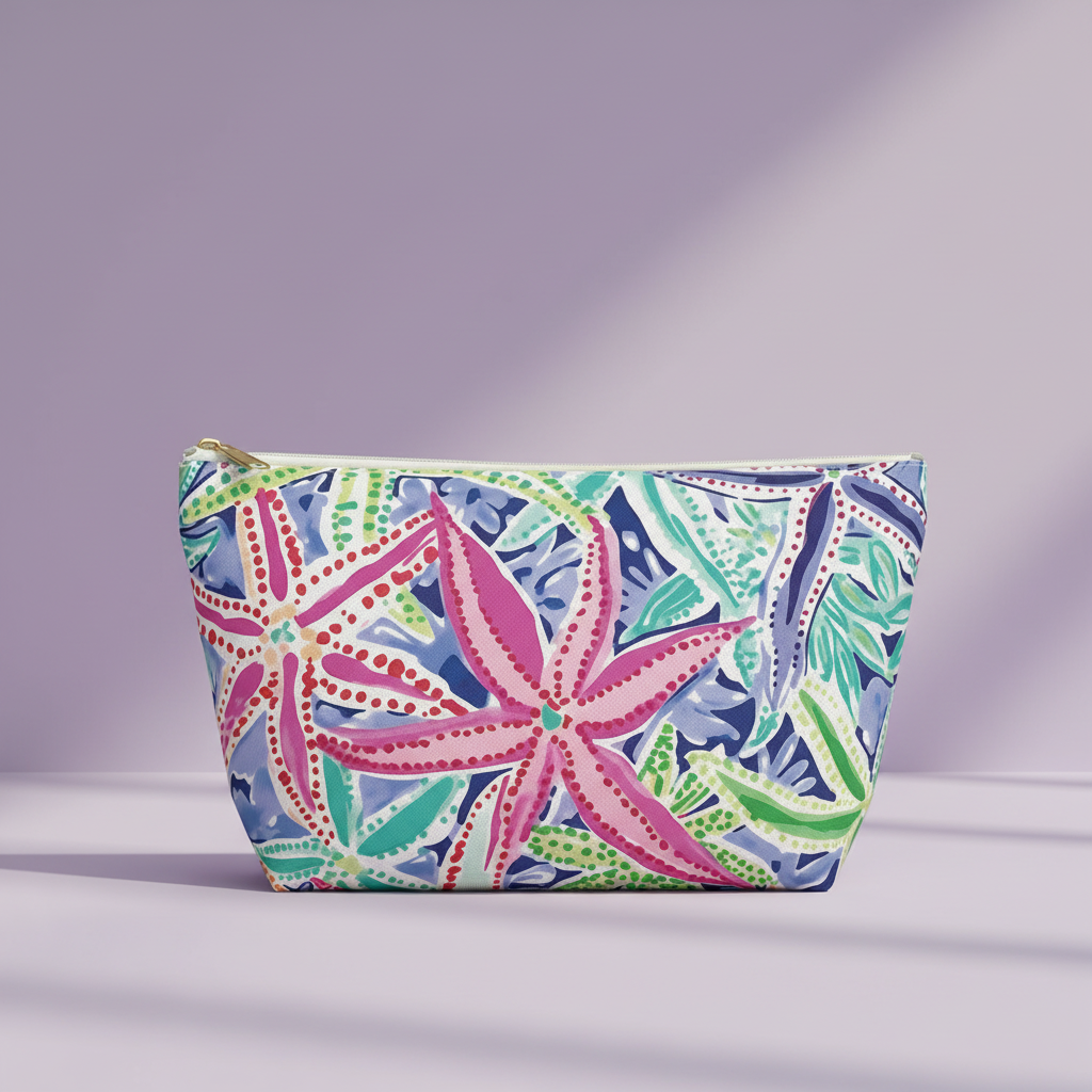 Colorful starfish-patterned pouch on a light purple background