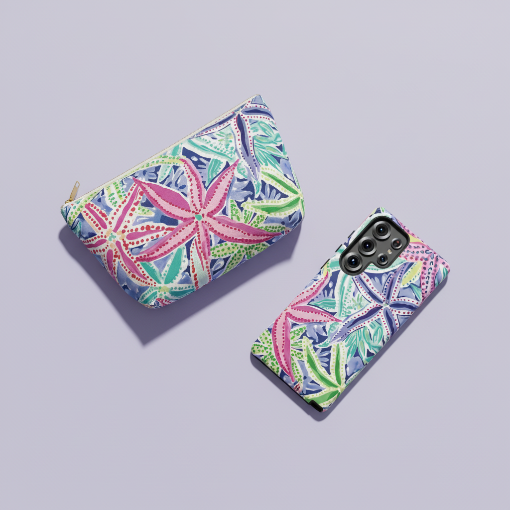 Colorful patterned pouch and phone case on a light purple background