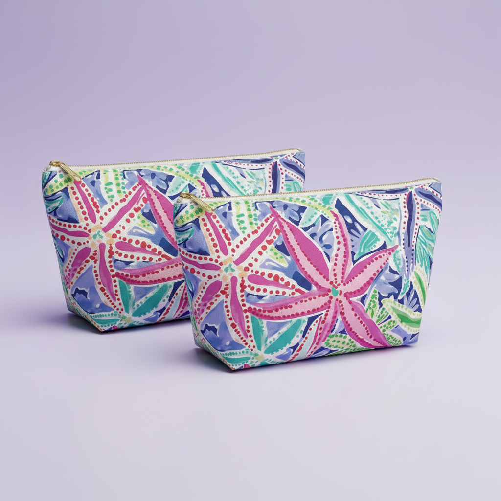 Two colorful makeup bags with a starfish pattern on a light purple background