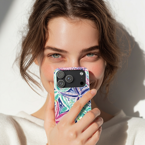 Person holding a phone with a colorful Siesta Key Case for iPhone against a neutral background