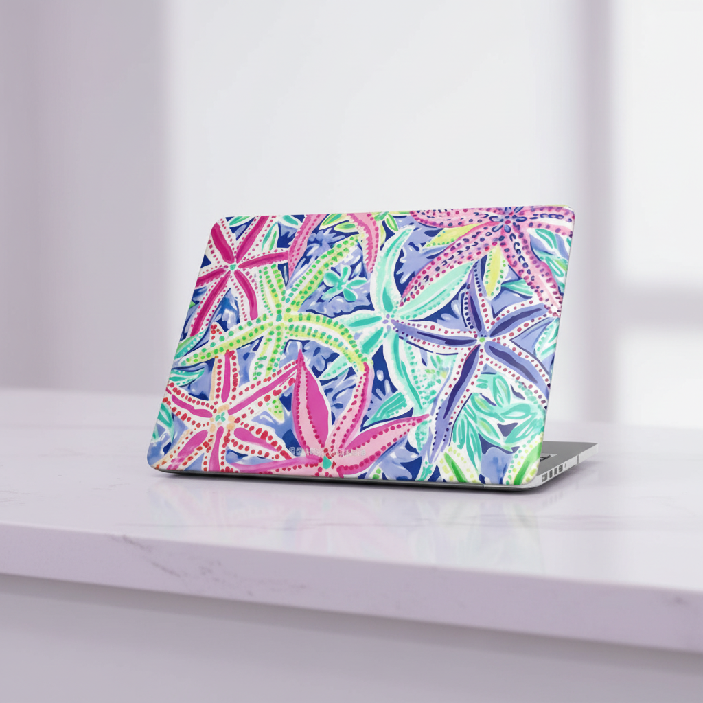 Siesta Key MacBook Case with tropical starfish on a purple solid surface