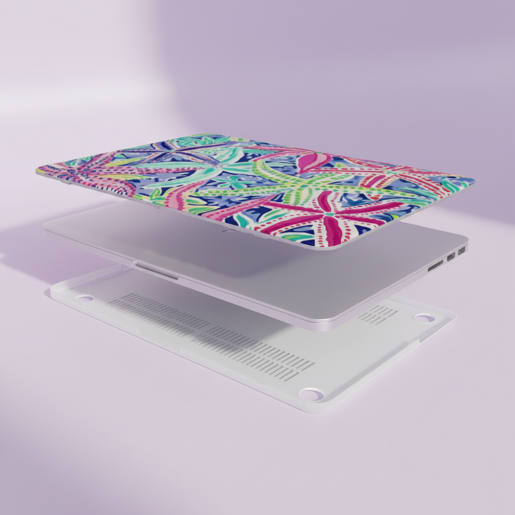 Top and bottom layers of the Siesta Key MacBook Case, with a laptop, on a light purple background