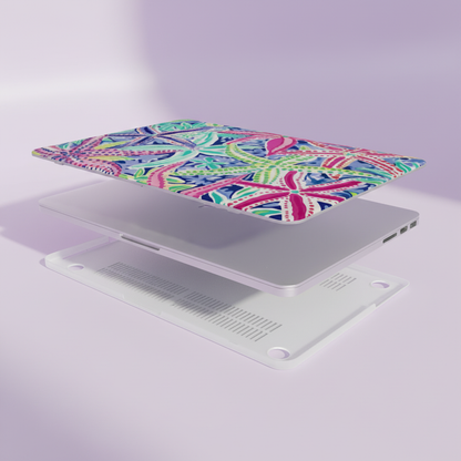 Top and bottom layers of the Siesta Key MacBook Case, with a laptop, on a light purple background