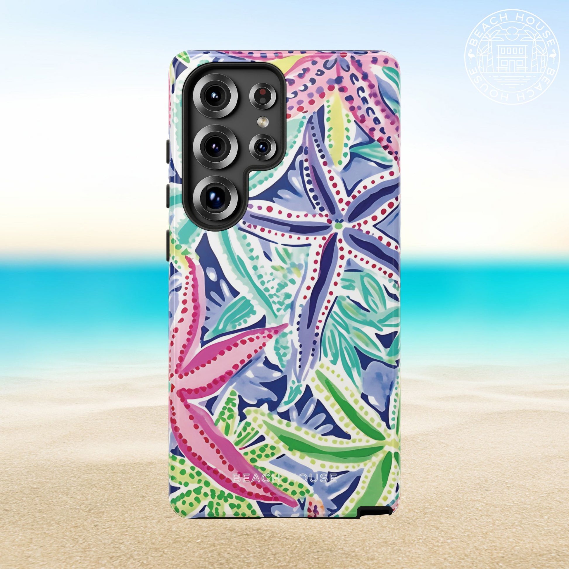 Siesta Key Tough Case for Galaxy with colorful starfish pattern on a beach background