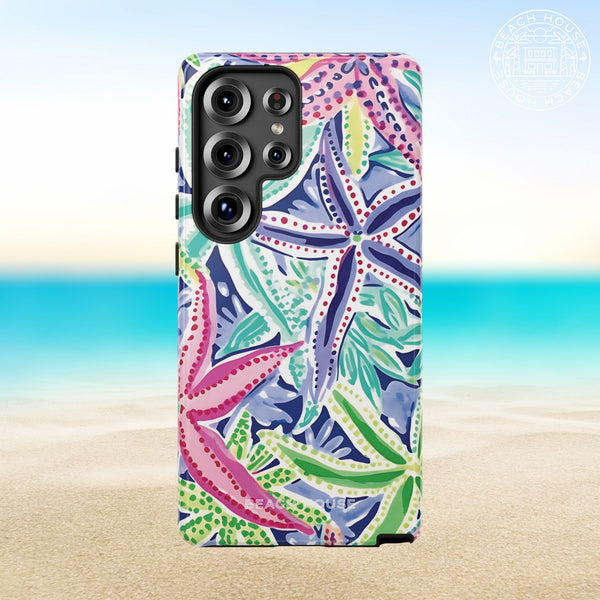 Siesta Key Tough Case for Galaxy with colorful starfish pattern on a beach background