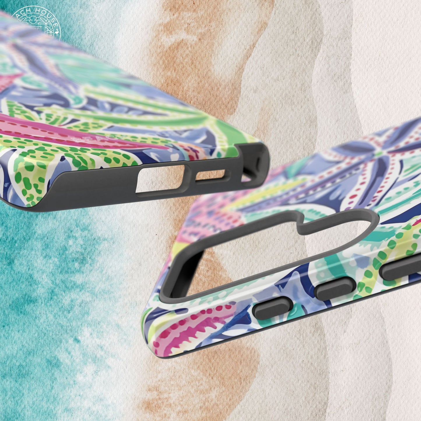 Colorful phone case with a starfish pattern on a textured surface