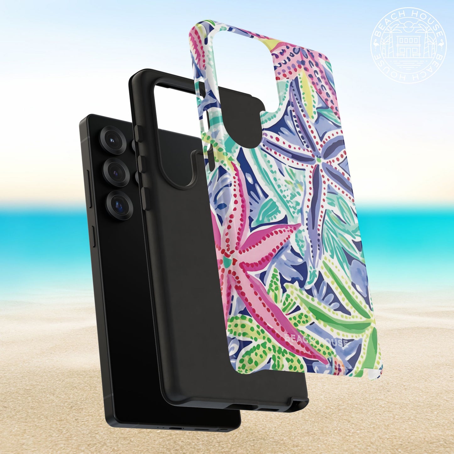 Colorful Siesta Key Tough Case for Galaxy with a starfish pattern on a beach background