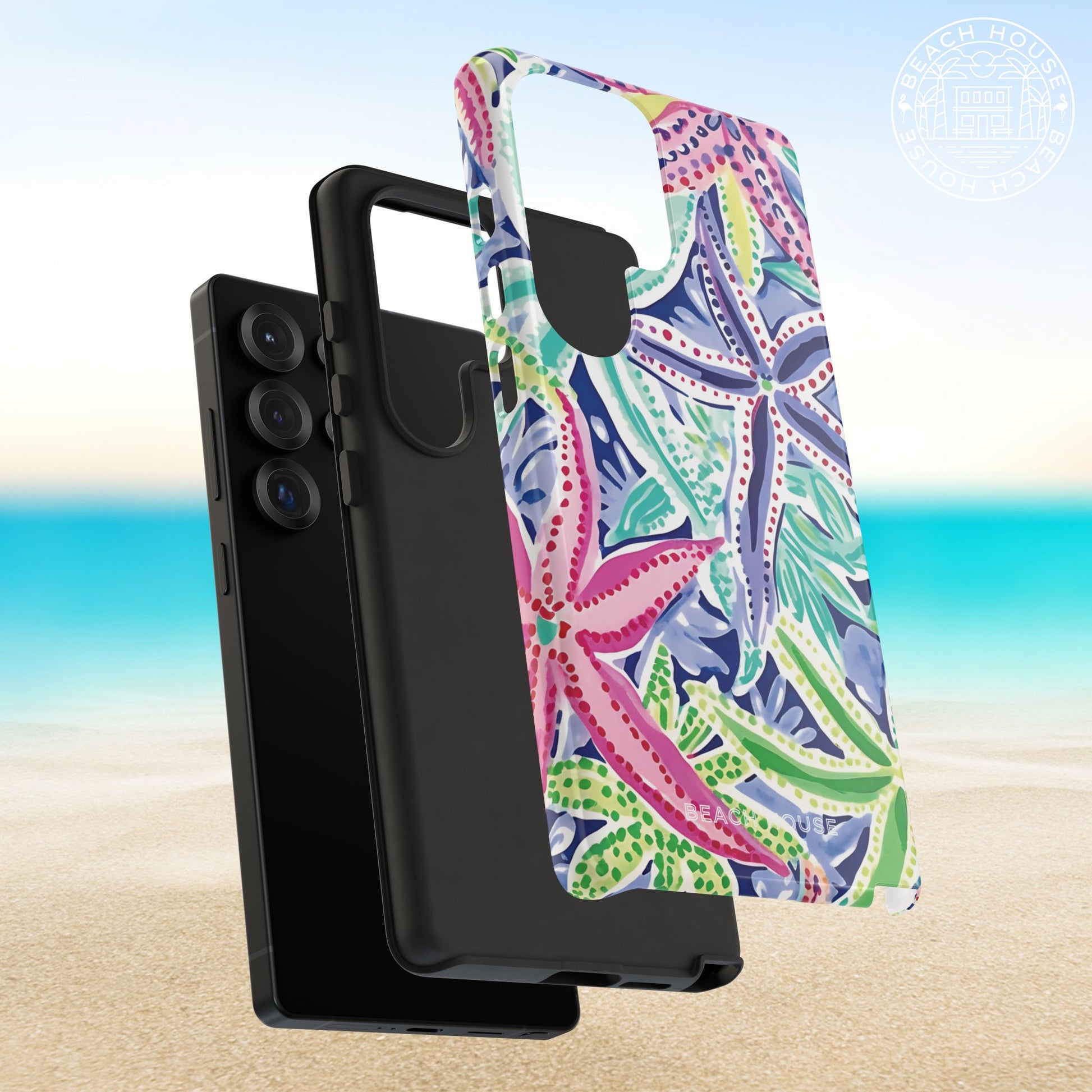 Colorful Siesta Key Tough Case for Galaxy with a starfish pattern on a beach background