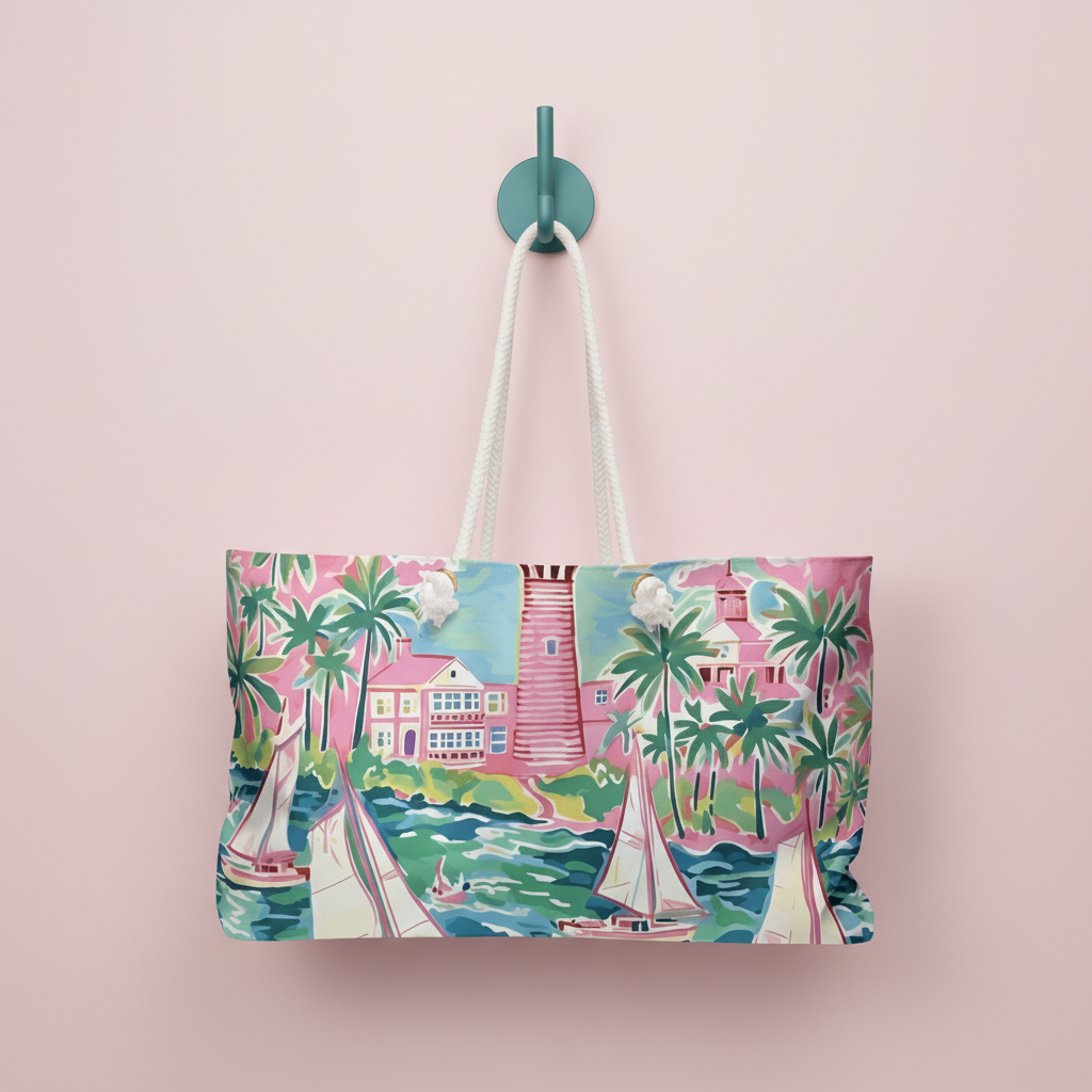 St. Simon Weekender Tote bag with a vibrant coastal scene design hanging on a hook against a pink background