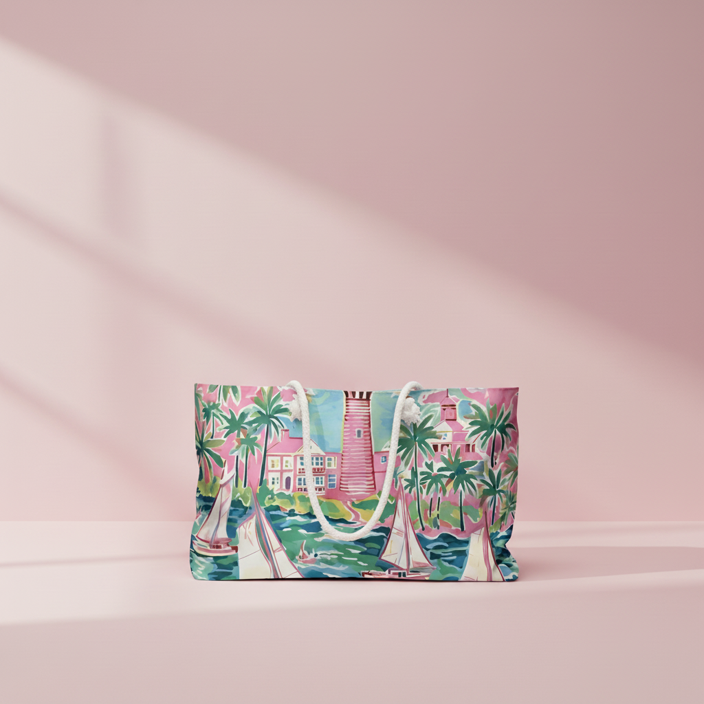 St. Simon Weekender tote bag with a tropical design featuring palm trees, sail boats, a light house, and pink buildings on a pink background