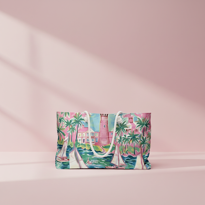 St. Simon Weekender tote bag with a tropical design featuring palm trees, sail boats, a light house, and pink buildings on a pink background