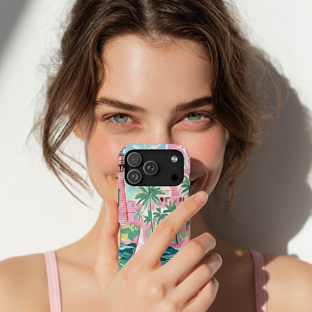 Woman holding the St. SImon MagSafe Touch phone case with a colorful case against a white background