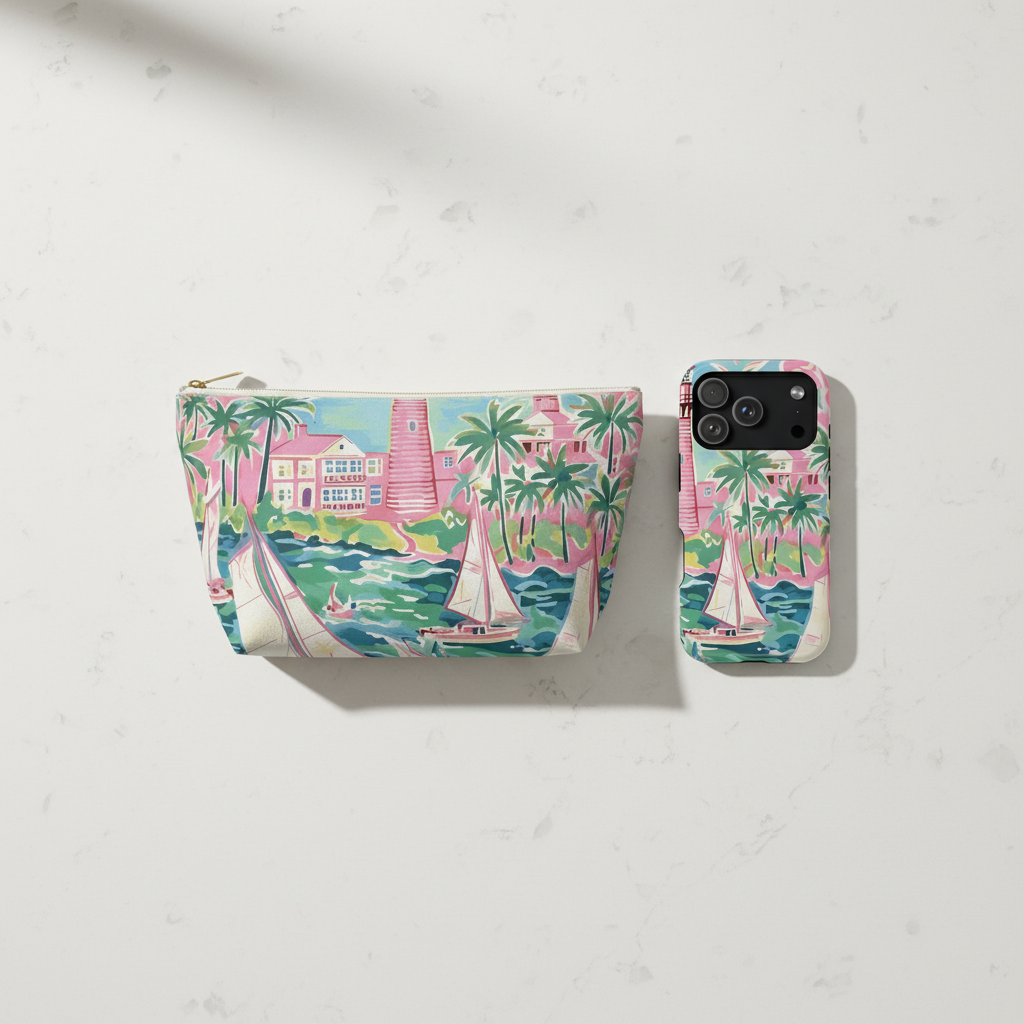 St Simon accessory pouch and case for iphone on a quartz counter background