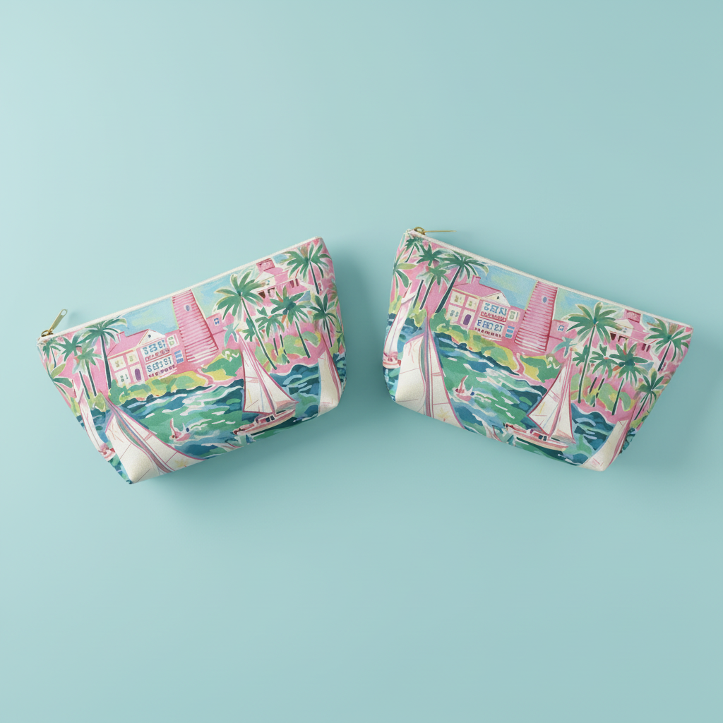 Two patterned pouches on a light blue background