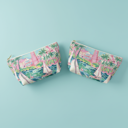 Two patterned pouches on a light blue background