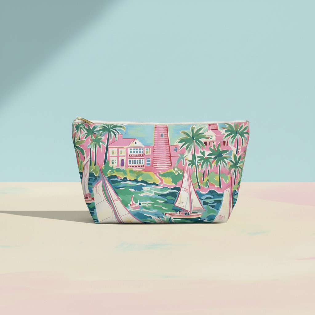Cosmetic bag with tropical design featuring a lighthouse, palm trees, and sailboat on a pastel background.