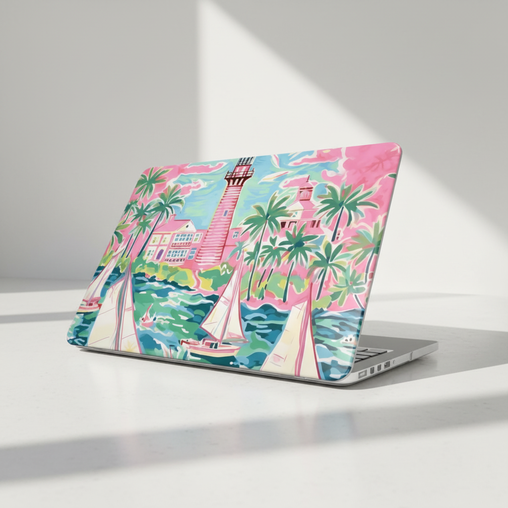 Laptop with a colorful beach-themed St. Simon MacBook Case on a white surface