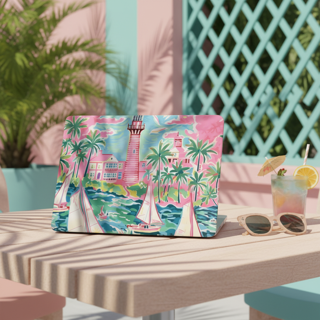 Colorful laptop sleeve with tropical St. Simon MacBook Case on a table outdoors