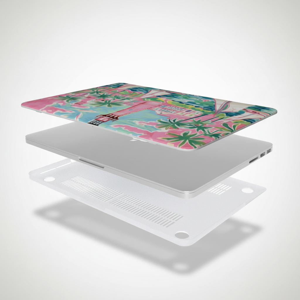 Top and bottom layers of the St. Simon MacBook Case, with a laptop, on a white background