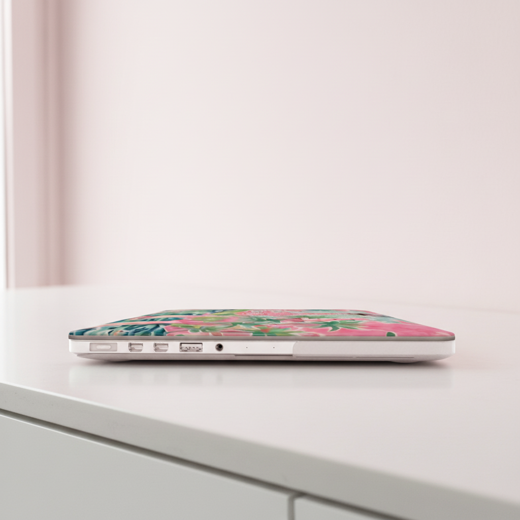 Laptop with a St. Simon MacBook Case on a white surface