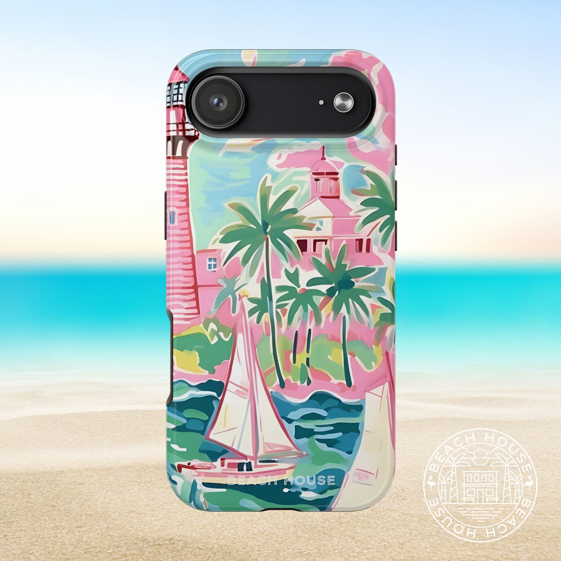 St. Simon Tough Case for iPhone 17 Air with a lighthouse, palm trees, and sailboat design on a beach background