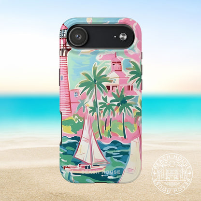 St. Simon Tough Case for iPhone 17 Air with a lighthouse, palm trees, and sailboat design on a beach background