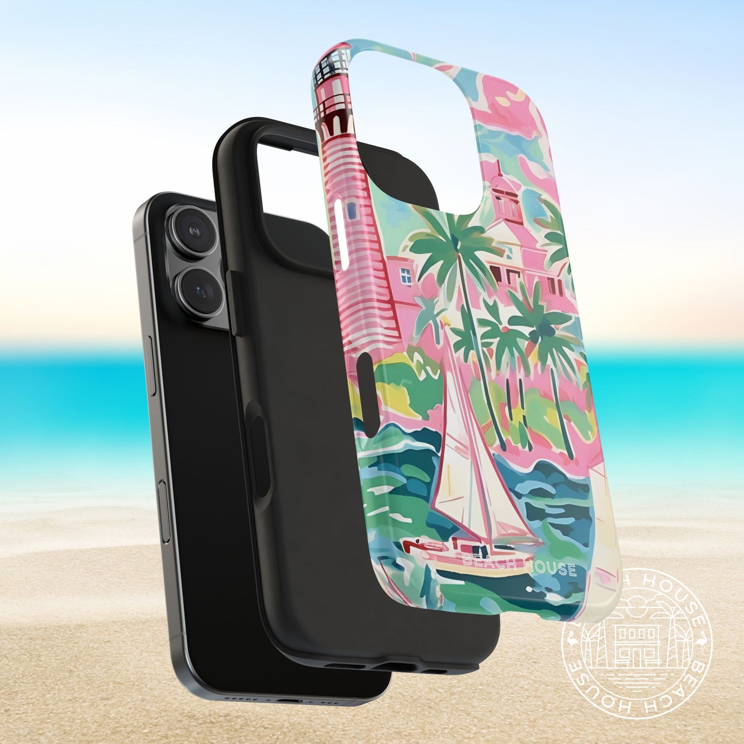 Shock absorbent and lexan polycarbonate layers for enhanced protection on the St. Simon Tough Case for iPhone, next to a phone