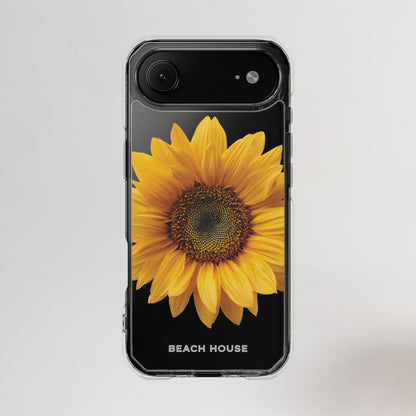 Phone case with a sunflower design and 'Beach House' text on a light gray background