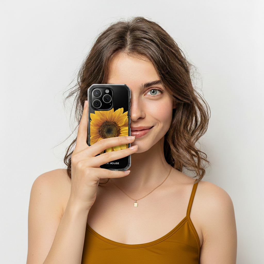 Woman holding a phone with a sunflower case against a plain background
