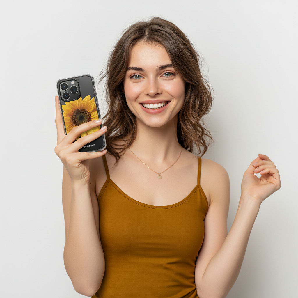 Woman holding a phone with a sunflower case against a plain background