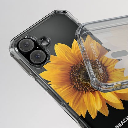 Phone case with sunflower design and 'Bench Home' branding on a gray background