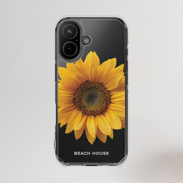 Phone case with a sunflower design and 'Beach House' text on a light gray background