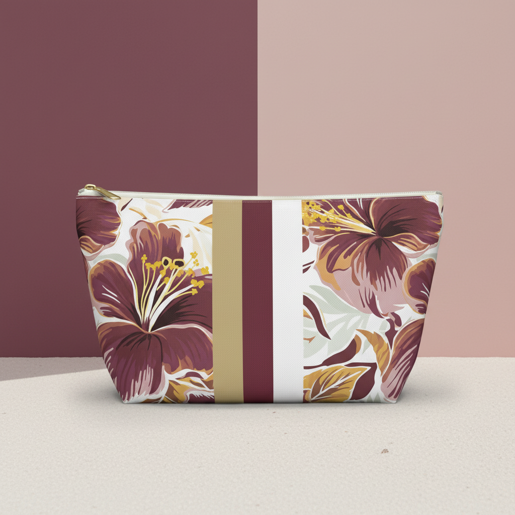 Floral-patterned pouch with a striped design on a two-tone background