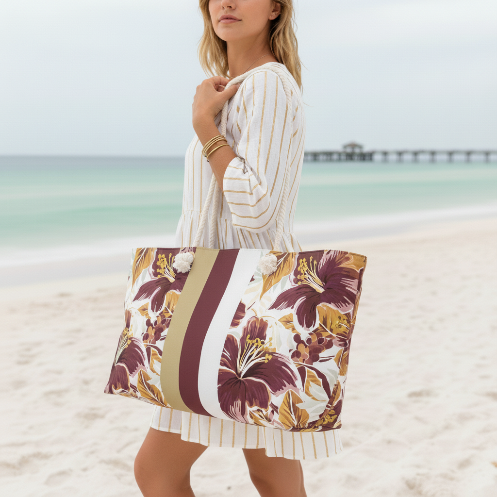 Woman holding a Tallahassee Weekender Tote Bag tote bag on a beach