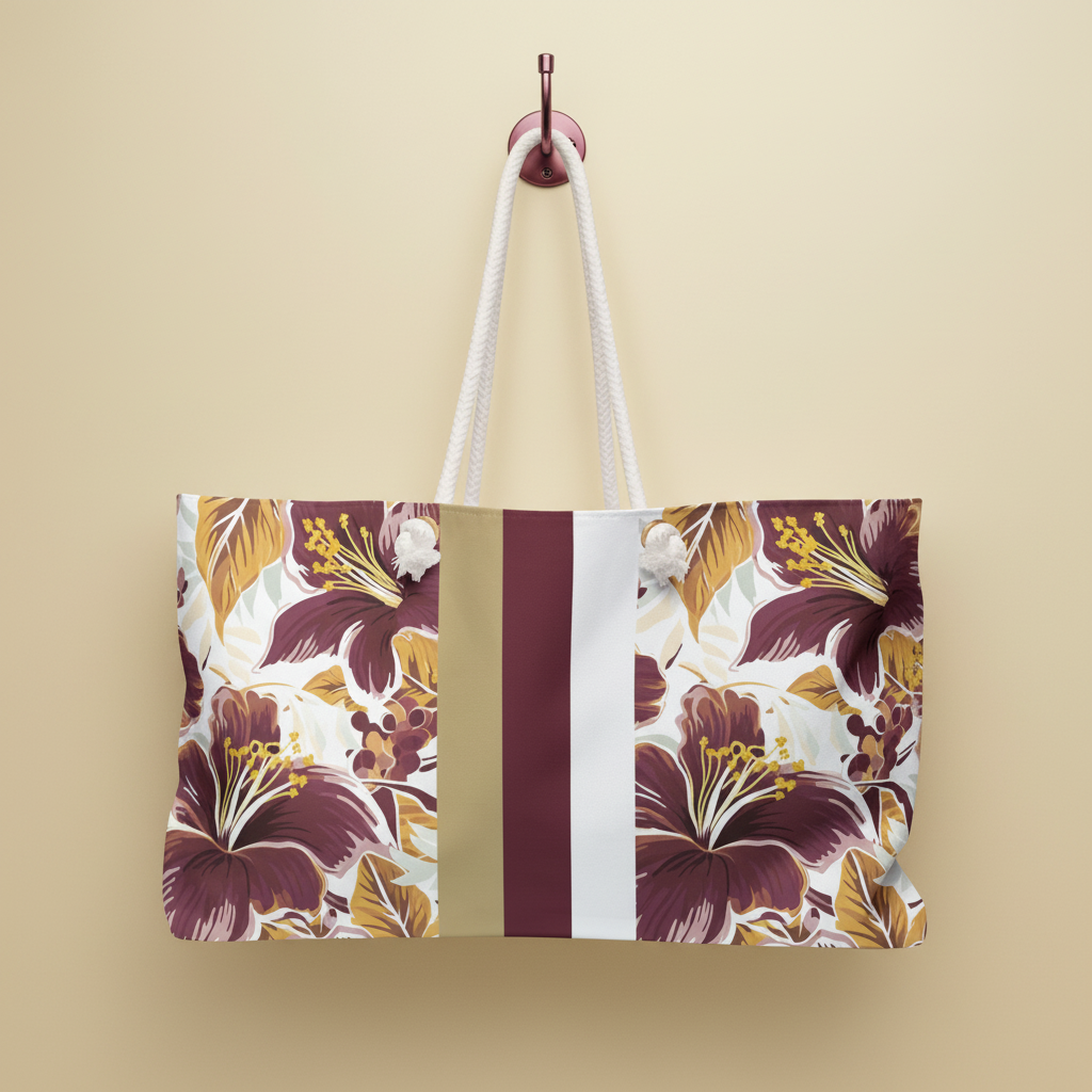 Floral Tallahassee Weekender Tote Bag with a striped design hanging on a hook against a gold background