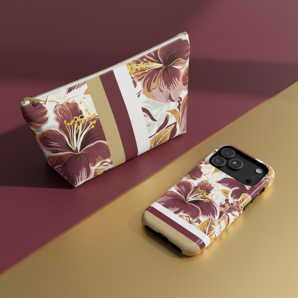 Floral Tallahassee phone case and pouch on a two-tone background