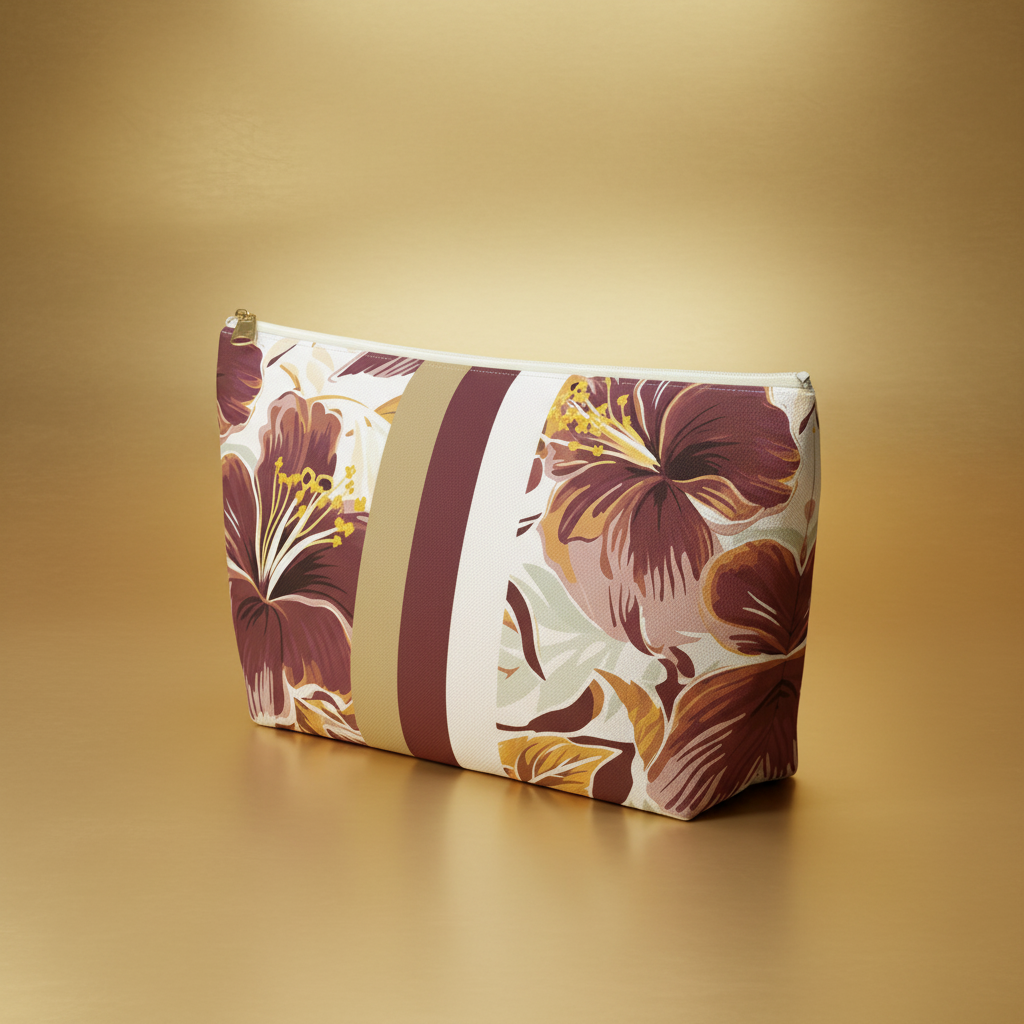 Floral-patterned pouch on a gold background