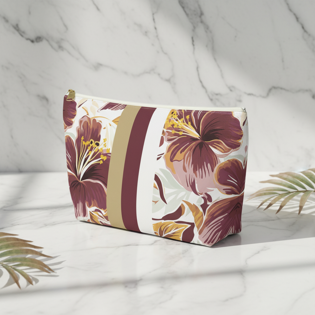 Floral-patterned pouch on a marble surface with palm leaves.