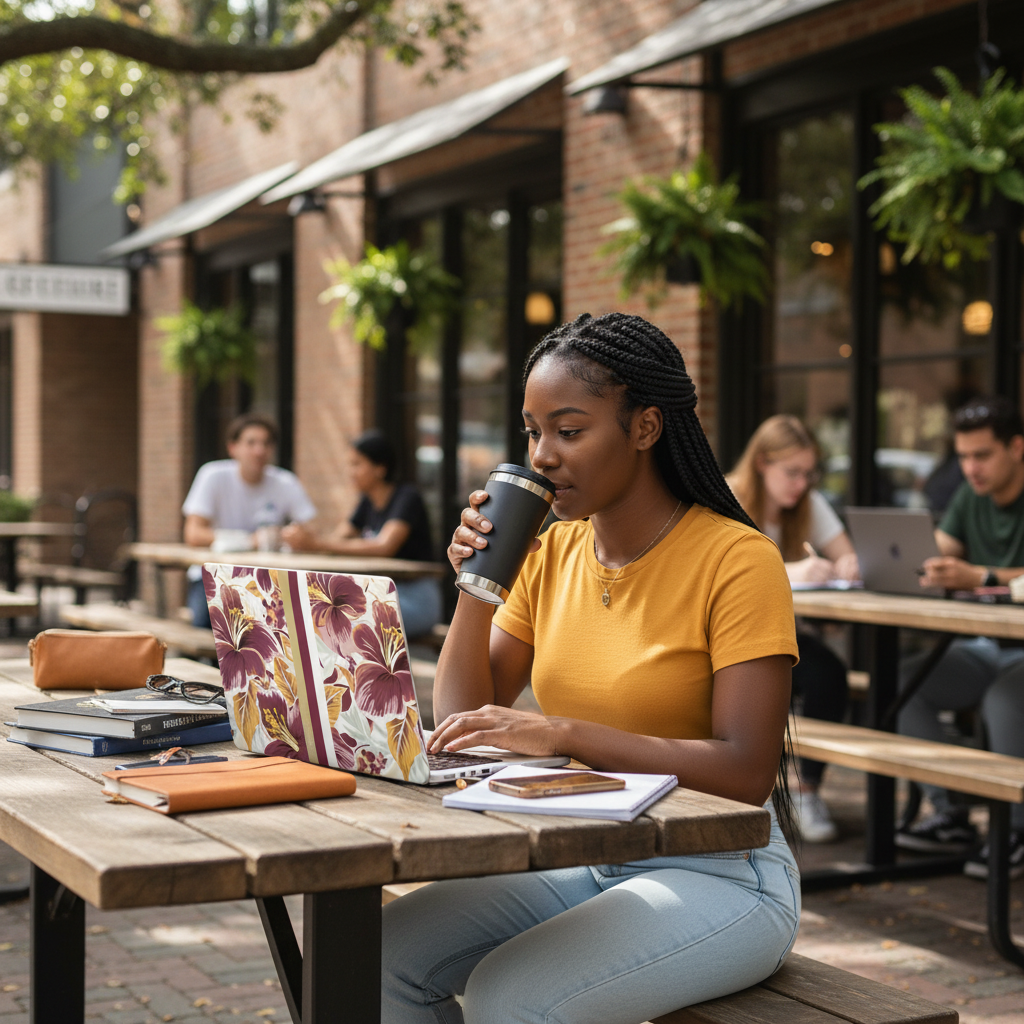 Woman on a outdoor restaurant setting, taking a sip, with a laptop with the floral Tallahassee MacBook Case