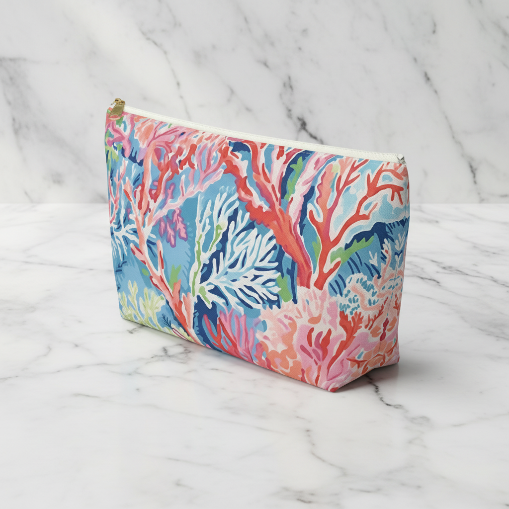 Colorful coral-themed pouch on a marble background